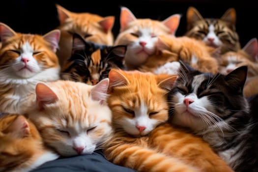 Happy cats sleeping together and squeezing each other. Cats is all piled together having a nap. AI generated