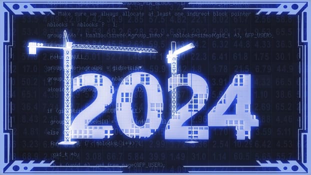 Two tower cranes building a volumetric figure of 2024 in blue tinting. 3d rendering.
