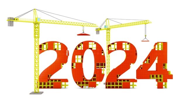 Two tower cranes building a volumetric figure of 2024. 3d render.