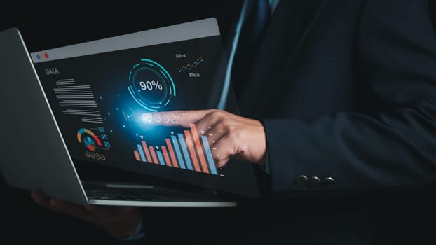 Data analysis concept. businessman analyze and visualize complex information on a virtual screen process data, Big data technology, KPI key performance indicator business technology concept.