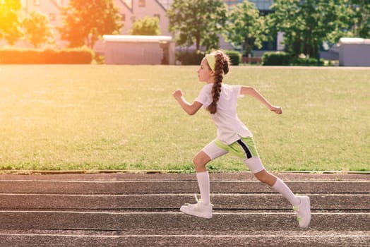 Girl jogging on a sunny summer evening, laying on treadmill, stadium, physical training, back to school, tired.