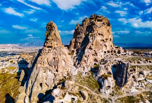 View of Uchisar Castle in Nevsehir Province in Cappadocia, Turkey.