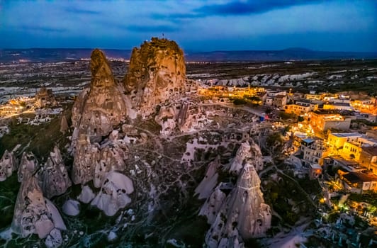 View of Uchisar Castle in Nevsehir Province in Cappadocia, Turkey after sunset