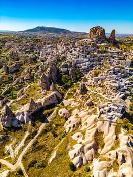 View of Uchisar Castle in Nevsehir Province in Cappadocia, Turkey.