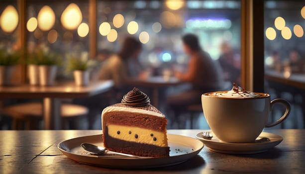 cake in a restaurant with cup of coffee and tables in background, AI generated