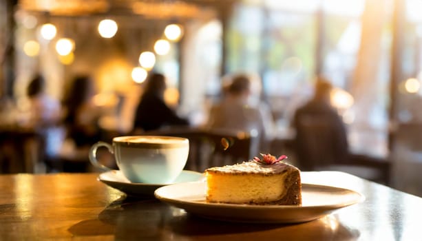cake in a restaurant with cup of coffee and tables in background, AI generated