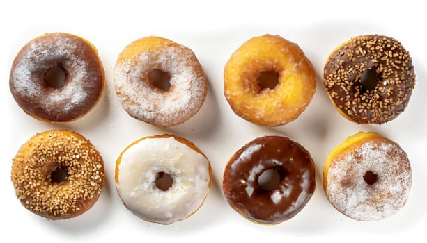 variety of donuts on a white background from above, AI generated