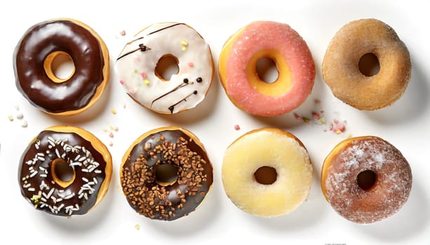 variety of donuts on a white background from above, AI generated