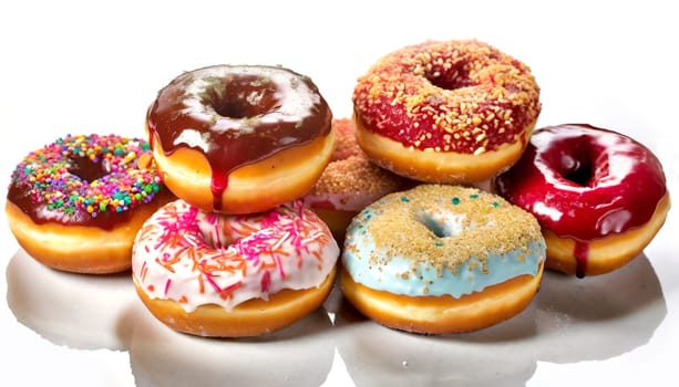 variety of donuts on a white background from above, AI generated
