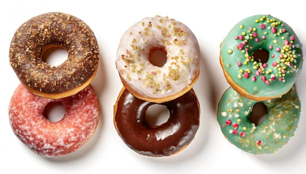 variety of donuts on a white background from above, AI generated