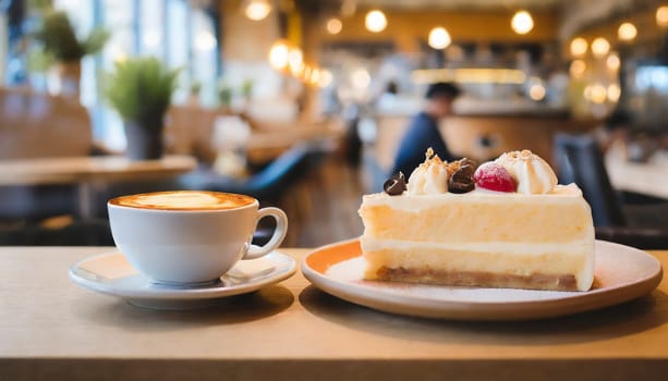 cake in a restaurant with cup of coffee and tables in background, AI generated