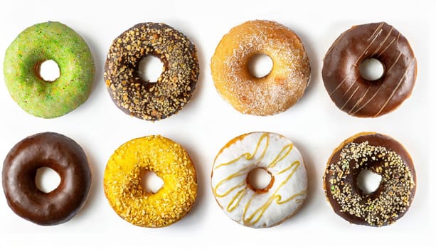 variety of donuts on a white background from above, AI generated
