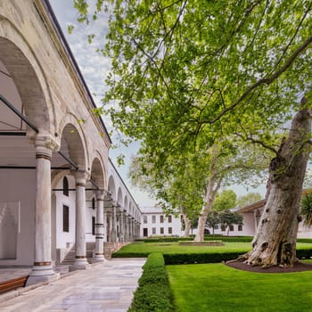 Beautiful view of the courtyard of Topkapi Palace, former residence of the Ottoman sultans in Istanbul, Turkey
