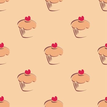 Seamless vector pattern or texture with cupcakes, muffins, sweet cake and red heart on top. Background with sweets for card, invitation, valentines, wallpaper, desktop or culinary blog website