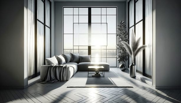 Sunlit modern lounge with dove gray. Created using AI Generated technology and image editing software.