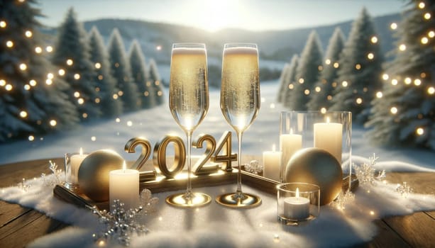Winter champagne toast 2024. Created using AI Generated technology and image editing software.