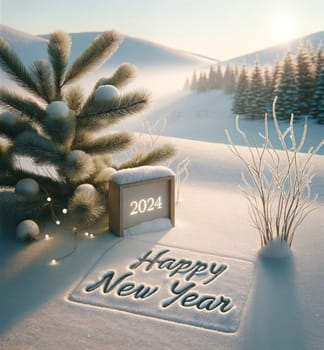 2024 sign with Happy New Year scripted in the snow beside a winter pine. Created using AI Generated technology and image editing software.