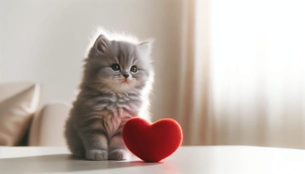 Gray kitten beside red heart. Created using AI Generated technology and image editing software.