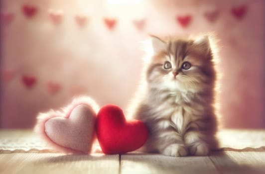 Fluffy kitten with pink and red hearts. Created using AI Generated technology and image editing software.