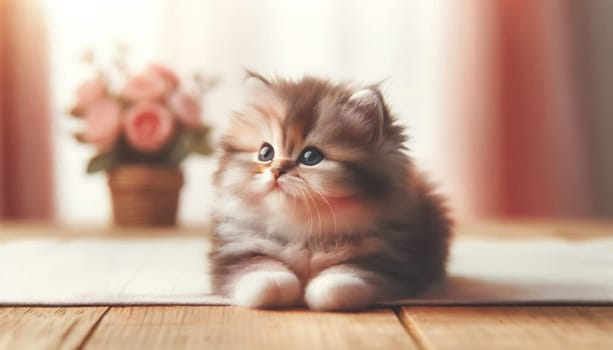 Kitten with peach pink roses in the background. Created using AI Generated technology and image editing software.