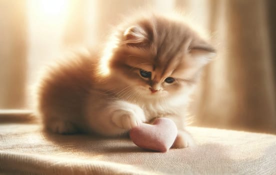 Fluffy kitten pawing at heart in warm light. Created using AI Generated technology and image editing software.