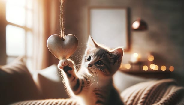 Tabby kitten playing with heart. Created using AI Generated technology and image editing software.