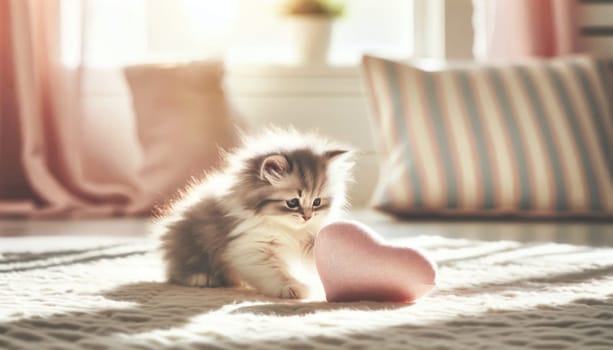 Sunlit kitten with peach pink heart. Created using AI Generated technology and image editing software.