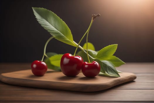 Red cherries on a wooden background. Close up. Selective focus. ai generative