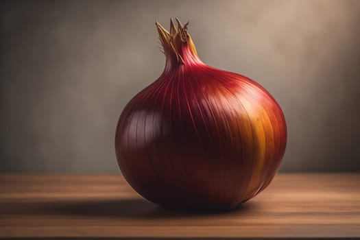 Three onions on a wooden table in front of a solid color background. ai generative
