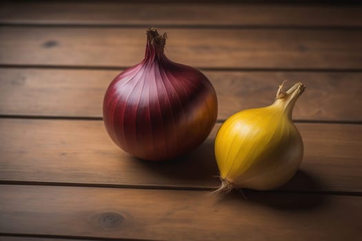 Three onions on a wooden table in front of a solid color background. ai generative