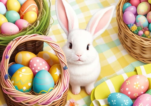 Easter bunny with colorful eggs in nest. ai generative