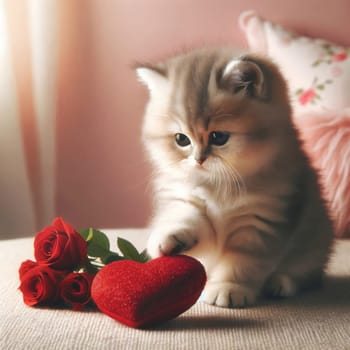 Kitten with red heart and roses. Created using AI Generated technology and image editing software.,Kitten with red heart and roses. Created using AI Generated technology and image editing software.