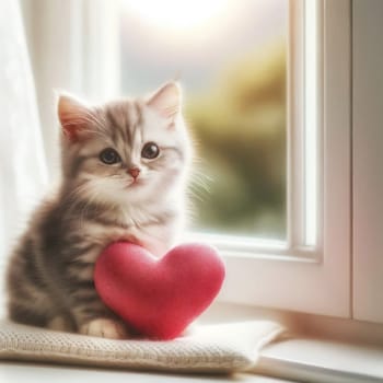 Tabby kitten with red heart. Created using AI Generated technology and image editing software.,Tabby kitten with red heart. Created using AI Generated technology and image editing software.