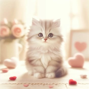 Sunlit fluffy kitten with pink and red hearts. Created using AI Generated technology and image editing software.,Sunlit fluffy kitten with pink and red hearts. Created using AI Generated technology and image editing software.