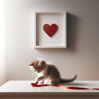 Kitten with ribbon and heart frame. Created using AI Generated technology and image editing software.,Kitten with ribbon and heart frame. Created using AI Generated technology and image editing software.