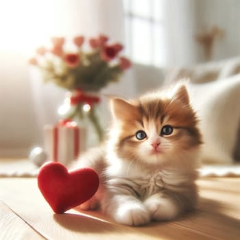 Sunlit kitten with red heart. Created using AI Generated technology and image editing software.,Sunlit kitten with red heart. Created using AI Generated technology and image editing software.