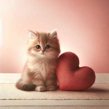 Fluffy kitten beside red heart. Created using AI Generated technology and image editing software.,Fluffy kitten beside red heart. Created using AI Generated technology and image editing software.