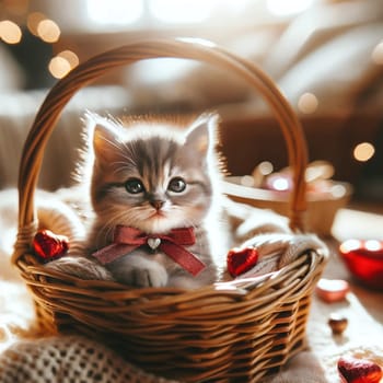 Kitten in basket with burgundy bow. Created using AI Generated technology and image editing software.,Kitten in basket with burgundy bow. Created using AI Generated technology and image editing software.