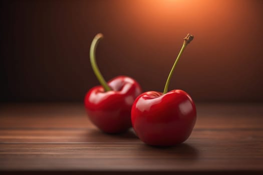 Red cherries on a wooden background. Close up. Selective focus. ai generative