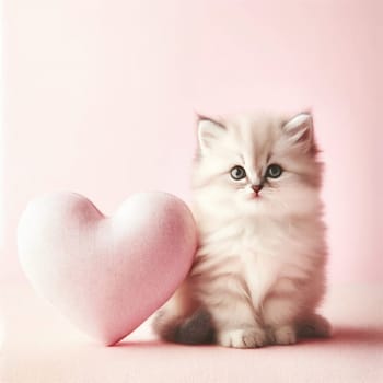 Fluffy kitten and pink heart. Created using AI Generated technology and image editing software.,Fluffy kitten and pink heart. Created using AI Generated technology and image editing software.
