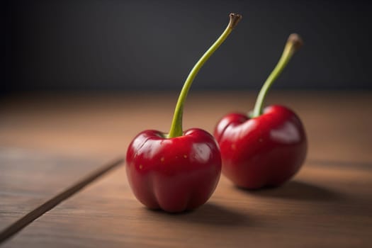 Red cherries on a wooden background. Close up. Selective focus. ai generative