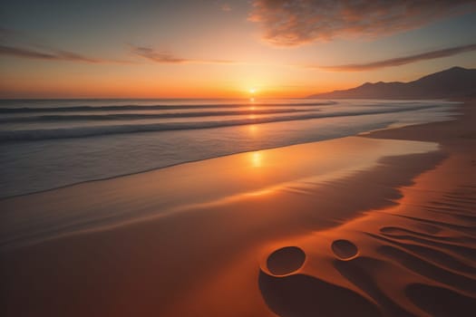 Beautiful sunset on the beach with reflection in the water. Long exposure. ai generative