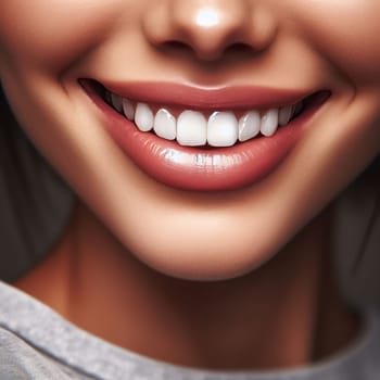 Close-up of a girl's face with a snow-white smile and velvety skin