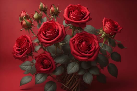 Red roses background. Top view of beautiful red roses with green leaves. ai generative