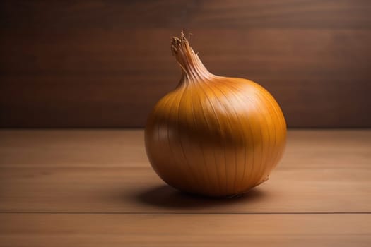 Three onions on a wooden table in front of a solid color background. ai generative