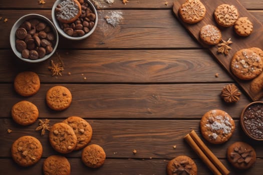 Cookies on a wooden table. Top view. ai generative