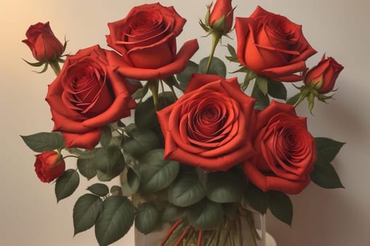 Red roses background. Top view of beautiful red roses with green leaves. ai generative