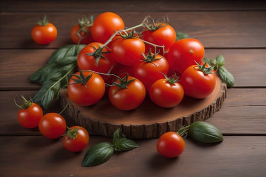 Tomatoes on a wooden table on a dark background. ai generative