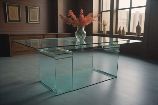 a glass table in a room. ai generative