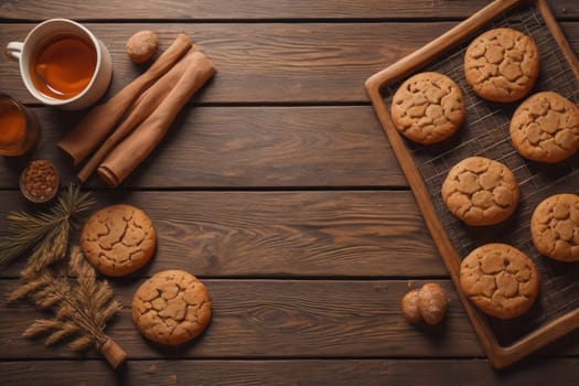 Cookies on a wooden table. Top view. ai generative
